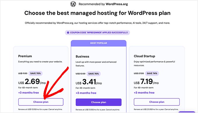 Hostinger choose a  pricing plan