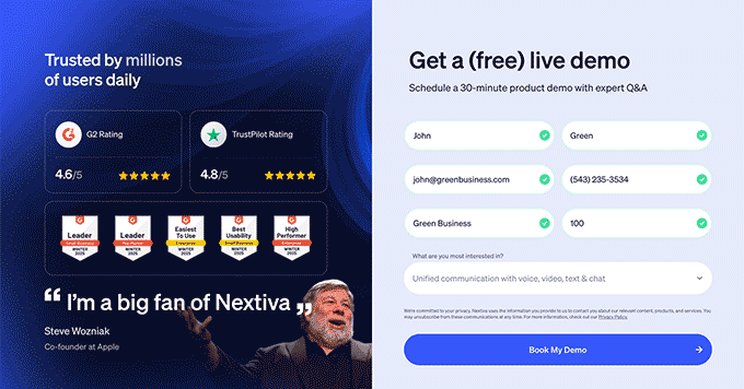 Entering your personal details so you can get the Nextiva deal