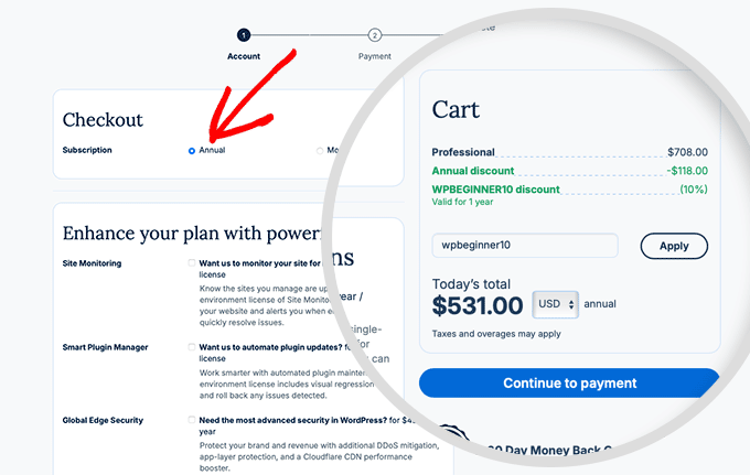 WP Engine Annual Subscription and checkout with our exclusive WP Engine coupon WPBEGINNER10